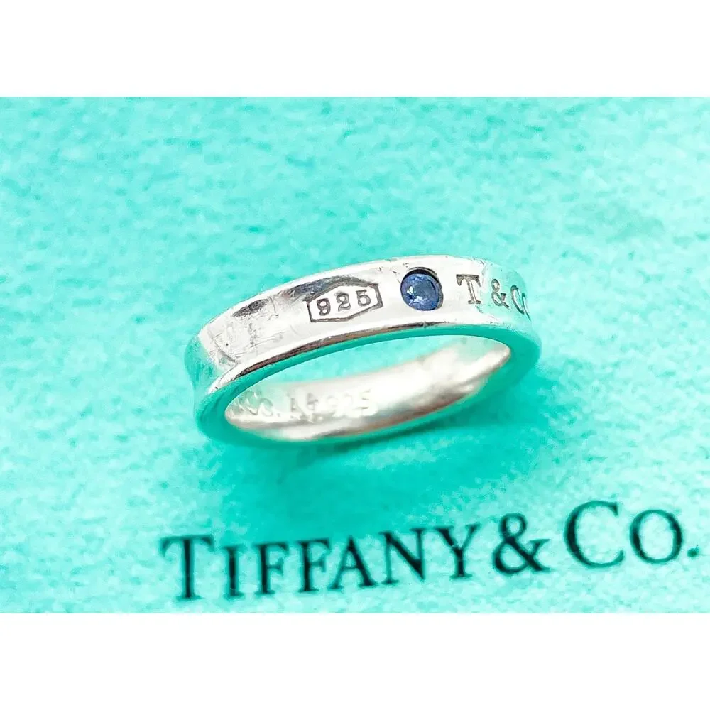 Tiffany & Co. 1837 Montana Sapphire Ring Sterling Silver Size 4 w/ Pouch